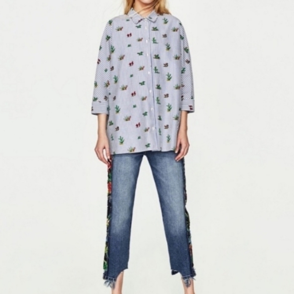 Zara Cactus Striped Oversize Button Down Shirt Womens
